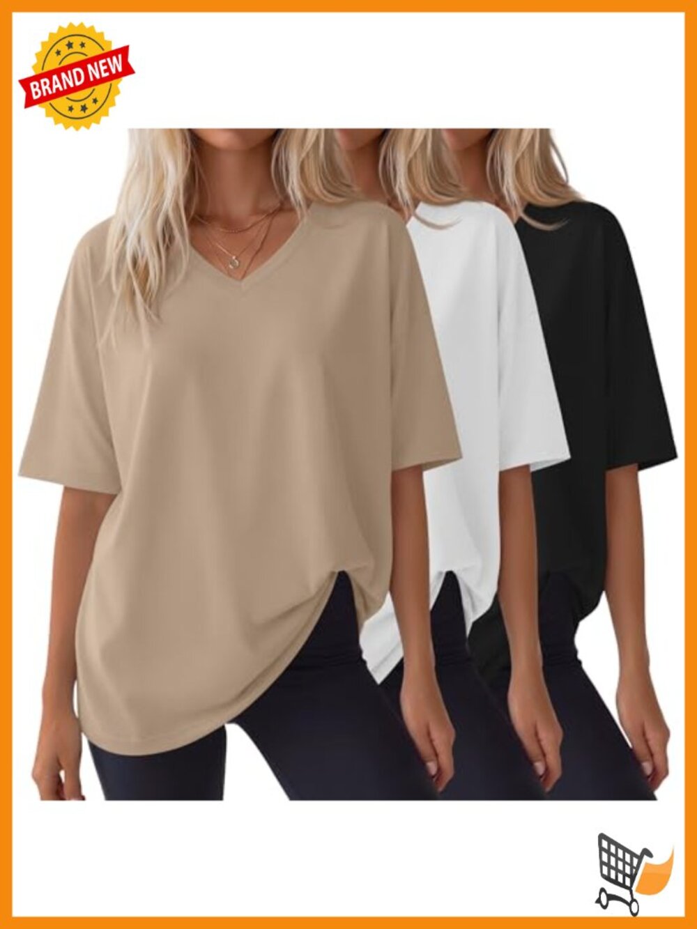 Oversized V Neck Drop Shoulder Tees 3 Pack Cotton Blend Short Sleeve